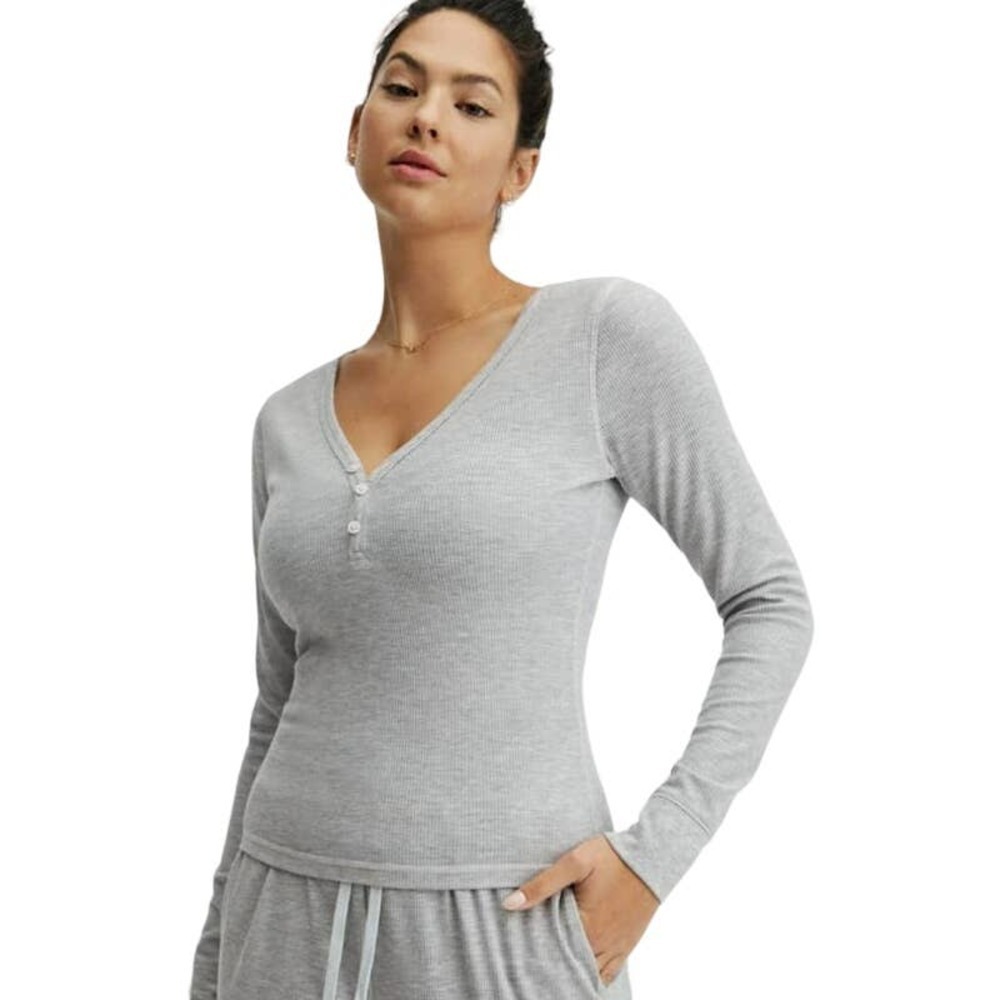 Fabletics Women’s Long-Sleeve Waffle Henley Thermal Top Heather Grey Size XXS